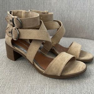 suede buckle heels